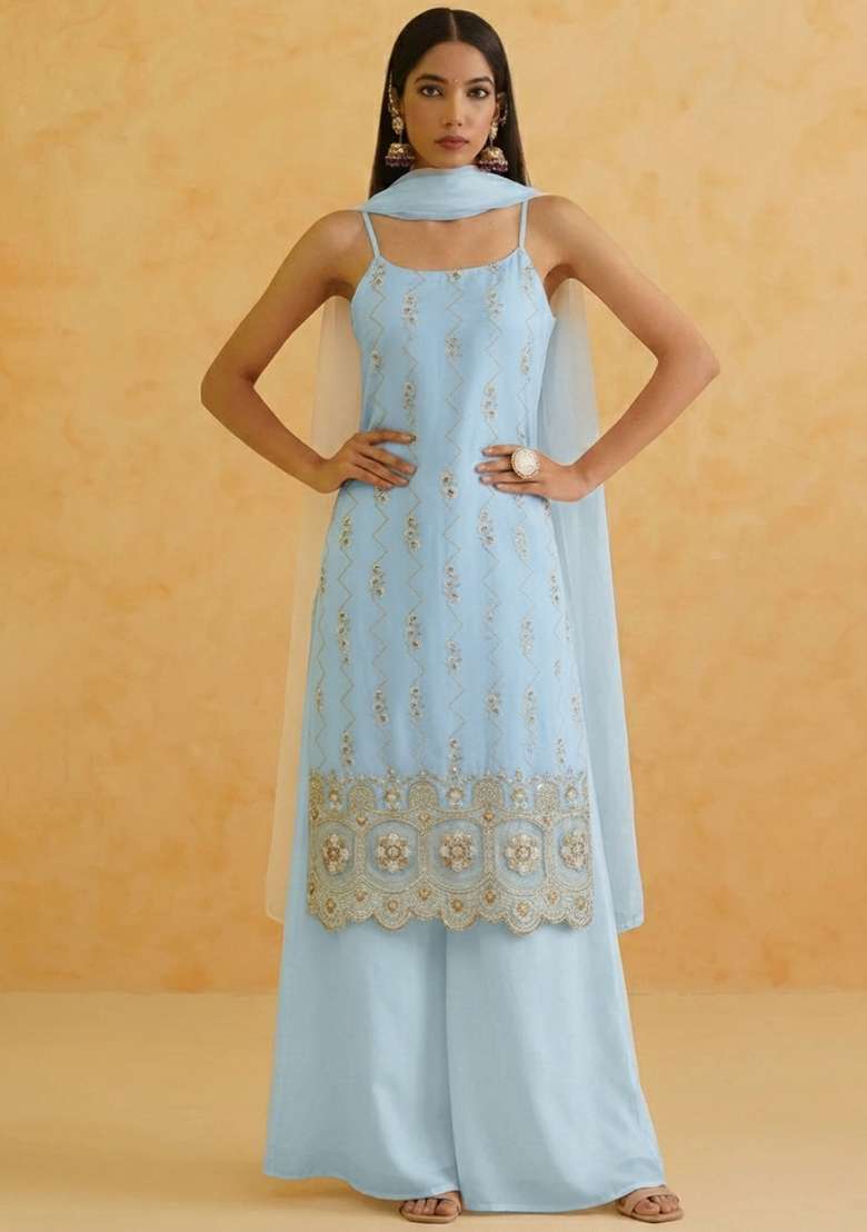 Ice Blue Embroidered Crepe Sharara Set - Indya