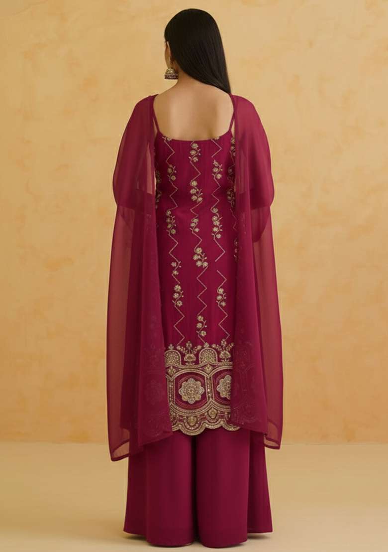 Magenta Embroidered Crepe Sharara Set - Indya