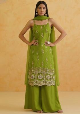 Green Embroidered Crepe Sharara Set
