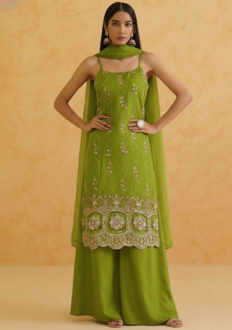 Green Embroidered Crepe Sharara Set - Indya