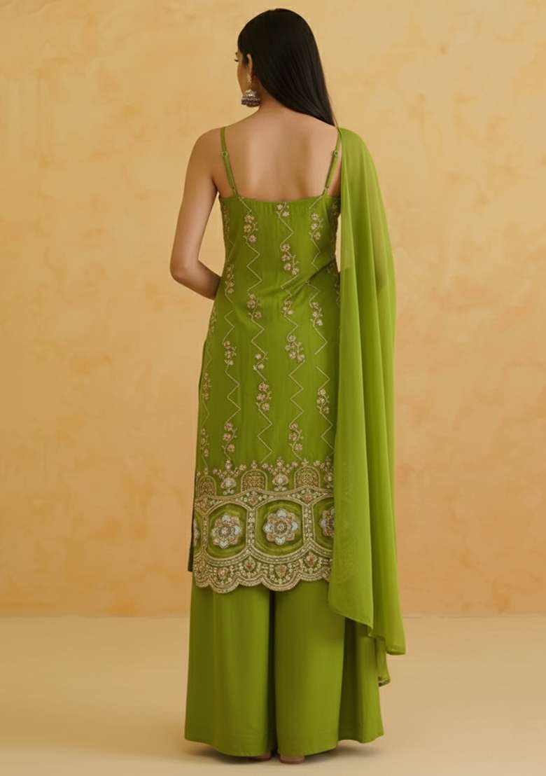 Green Embroidered Crepe Sharara Set - Indya