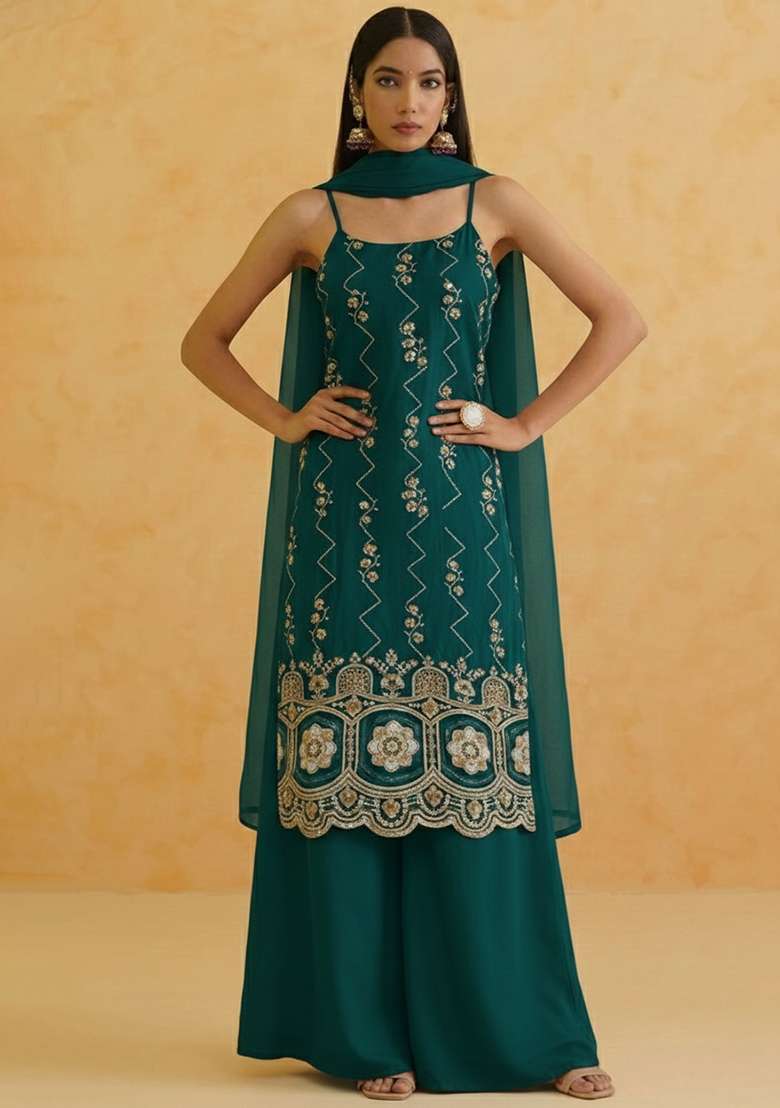 Dark Green Embroidered Crepe Sharara Set - Indya