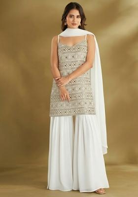 Off White Embroidered Georgette Sharara Set