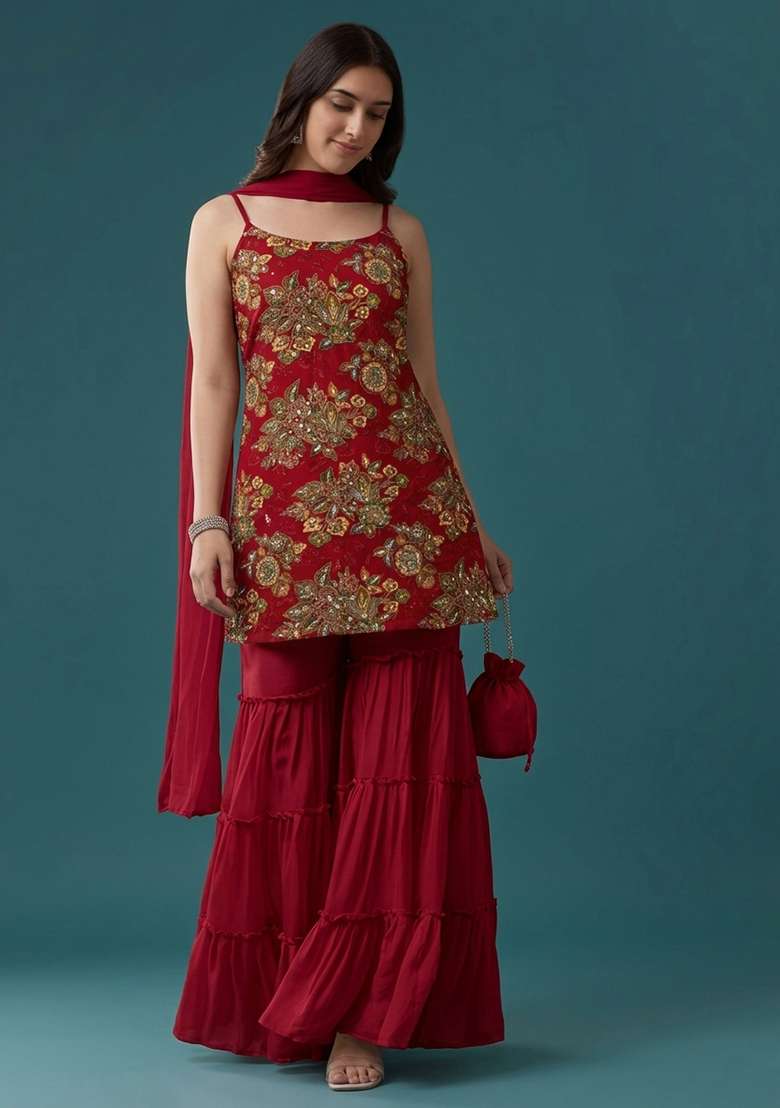 Crimson Red Embroidered Organza Sharara Set - Indya