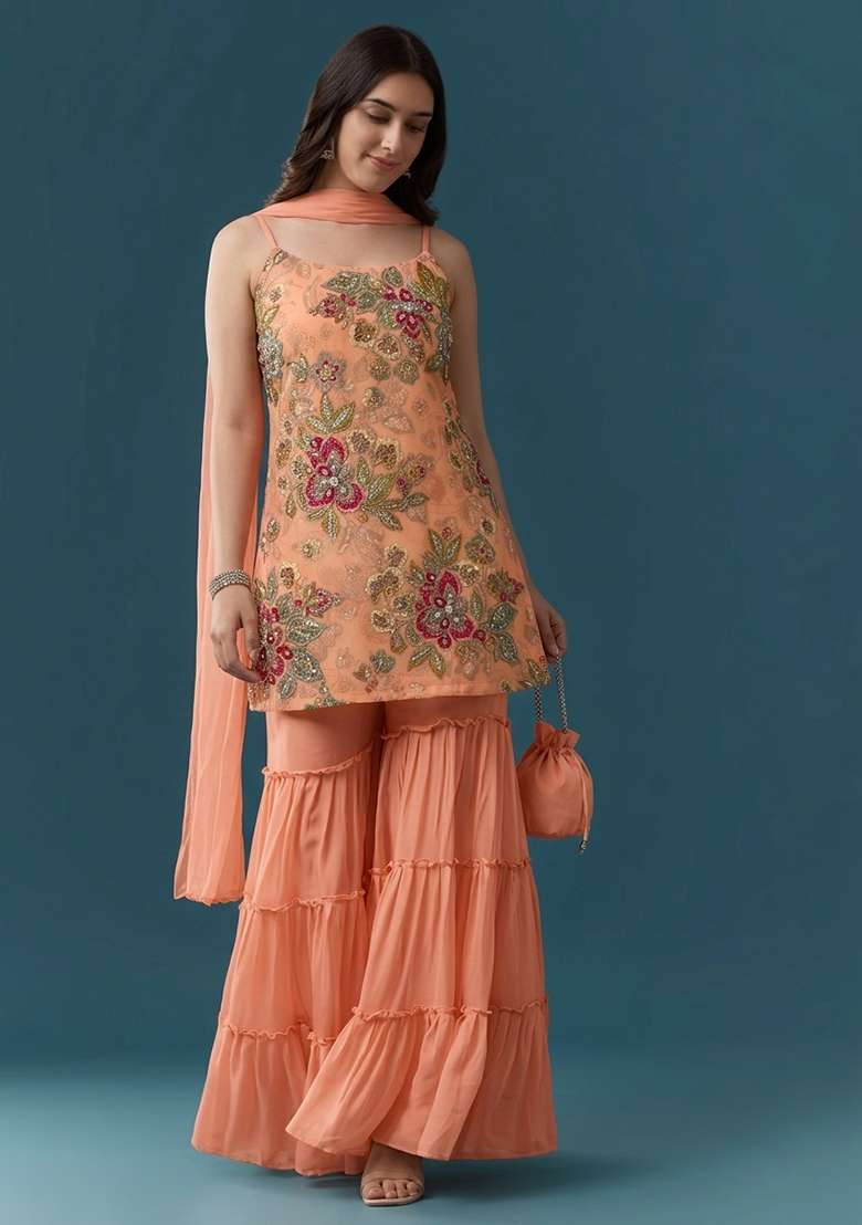 Peach Embroidered Organza Sharara Set - Indya