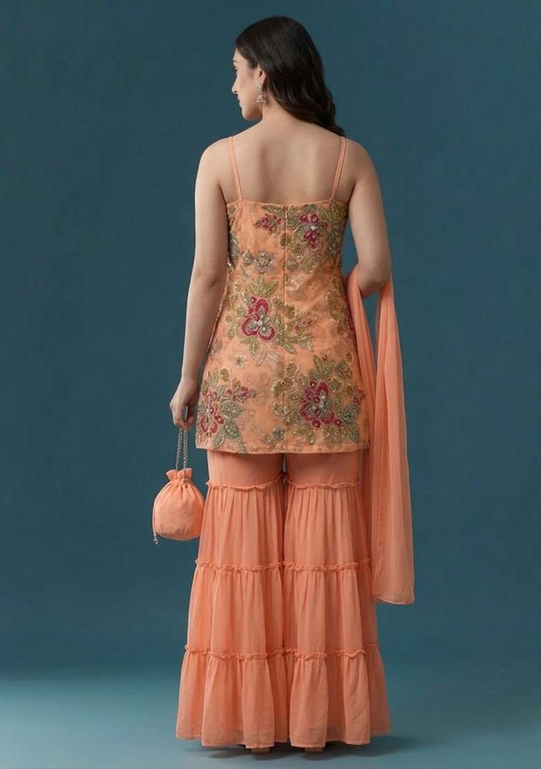 Peach Embroidered Organza Sharara Set - Indya