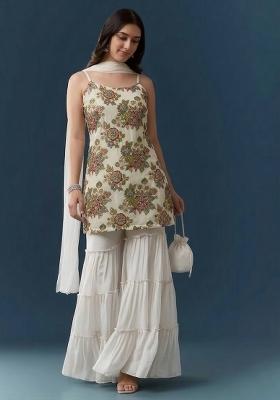 White Embroidered Organza Sharara Set