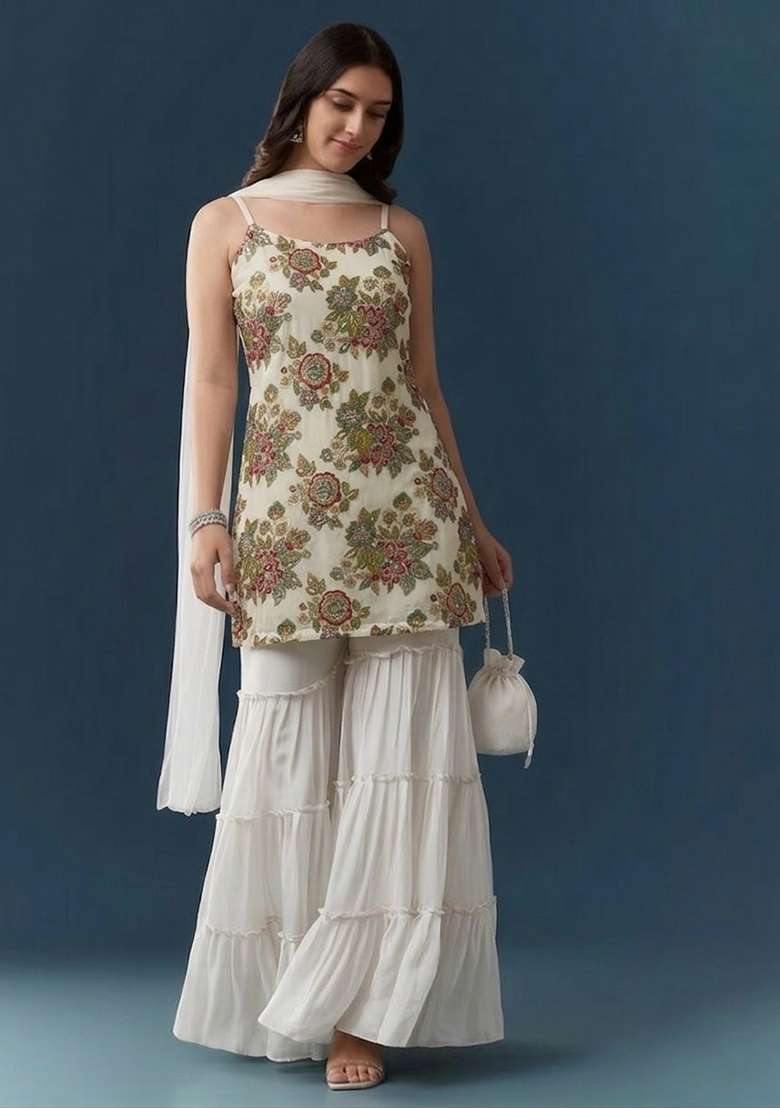 White Embroidered Organza Sharara Set - Indya