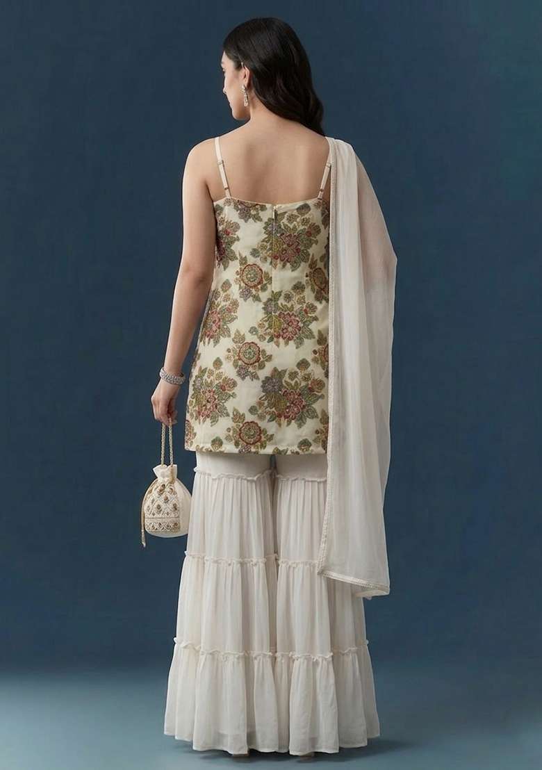 White Embroidered Organza Sharara Set - Indya