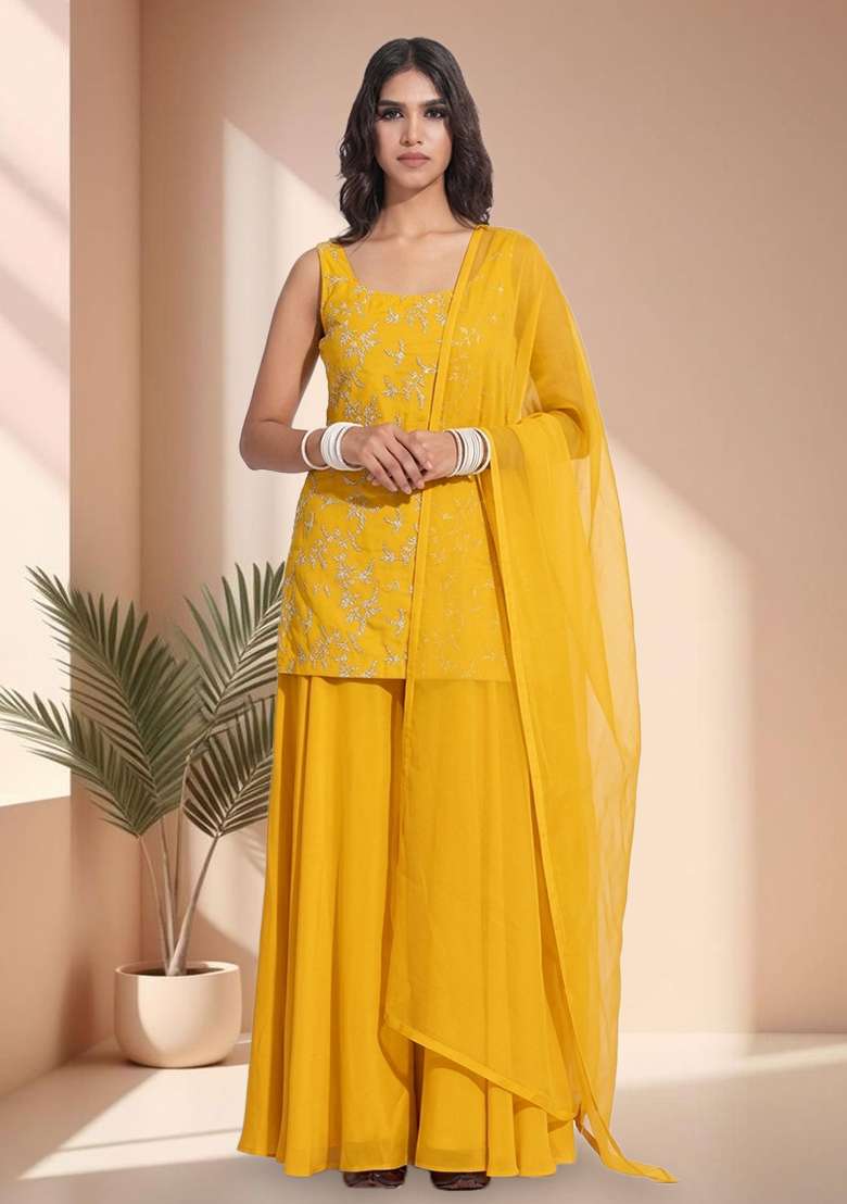 Mustard Crepe Fusion Set with Embroidered for Diwali | Wedding & Festive Wear - Indya