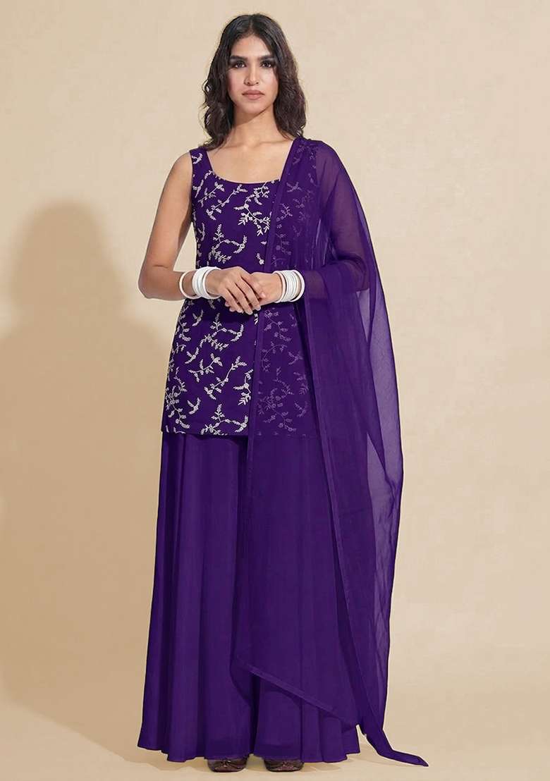 Purple Embroidered Crepe Sharara Set - Indya