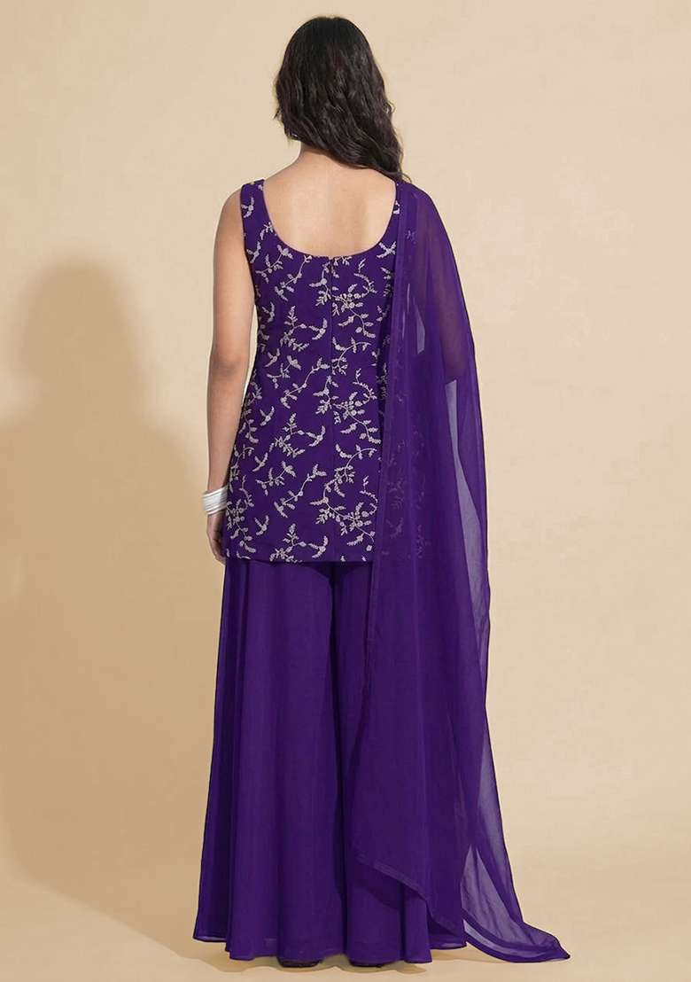 Purple Embroidered Crepe Sharara Set - Indya
