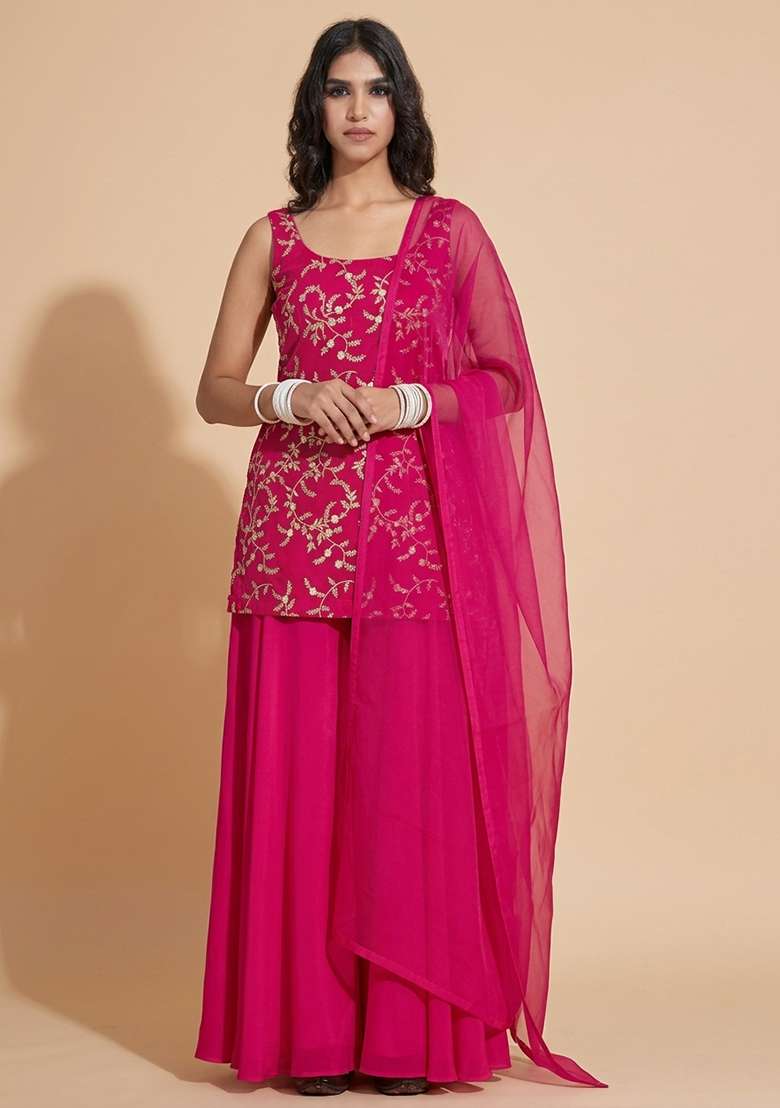 Rani Pink Embroidered Crepe Sharara Set - Indya
