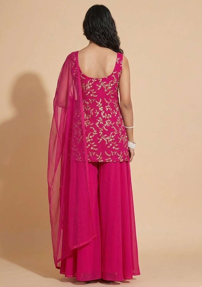 Rani Pink Embroidered Crepe Sharara Set - Indya