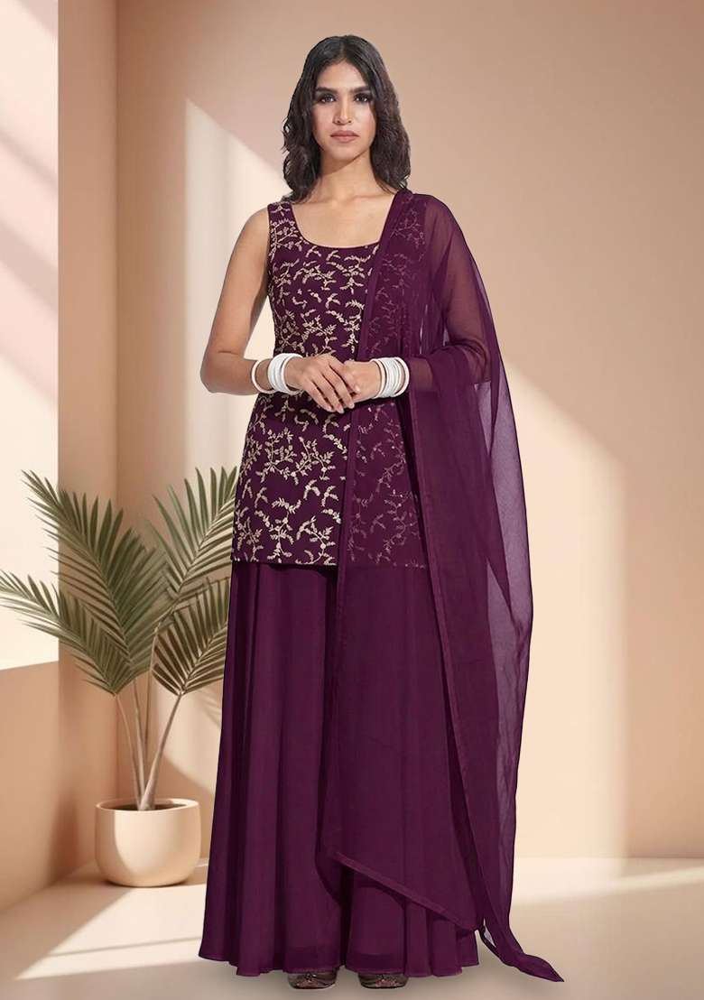 Deep Wine Embroidered Crepe Sharara Set - Indya