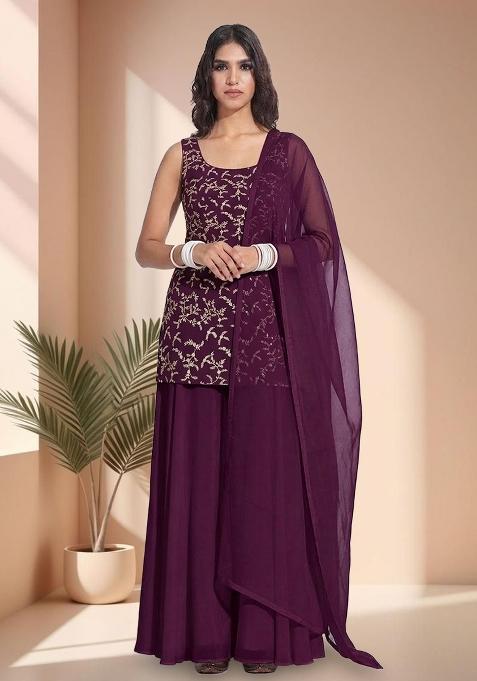 Deep Wine Embroidered Crepe Sharara Set