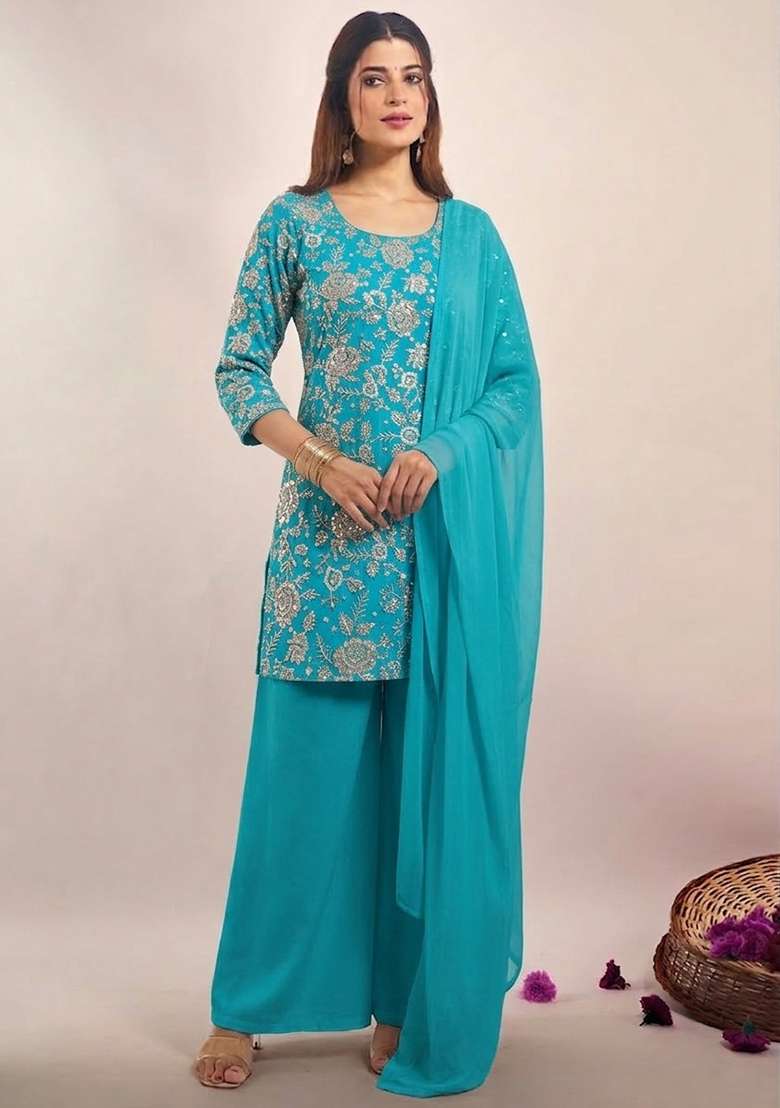 Turquoise Embroidered Tissue Sharara Set - Indya