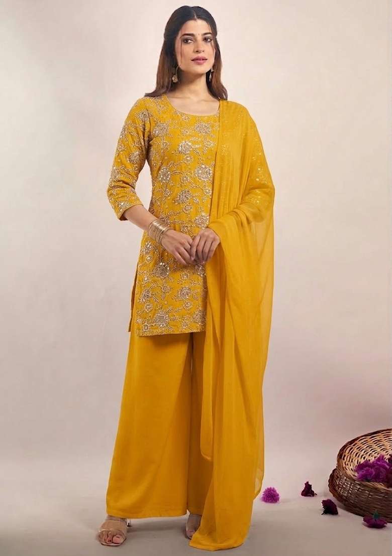 Yellow Embroidered Tissue Sharara Set - Indya