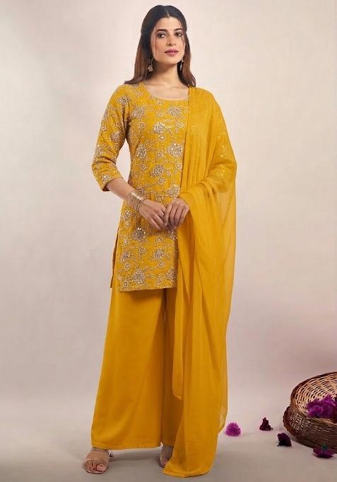 Yellow Embroidered Tissue Sharara Set