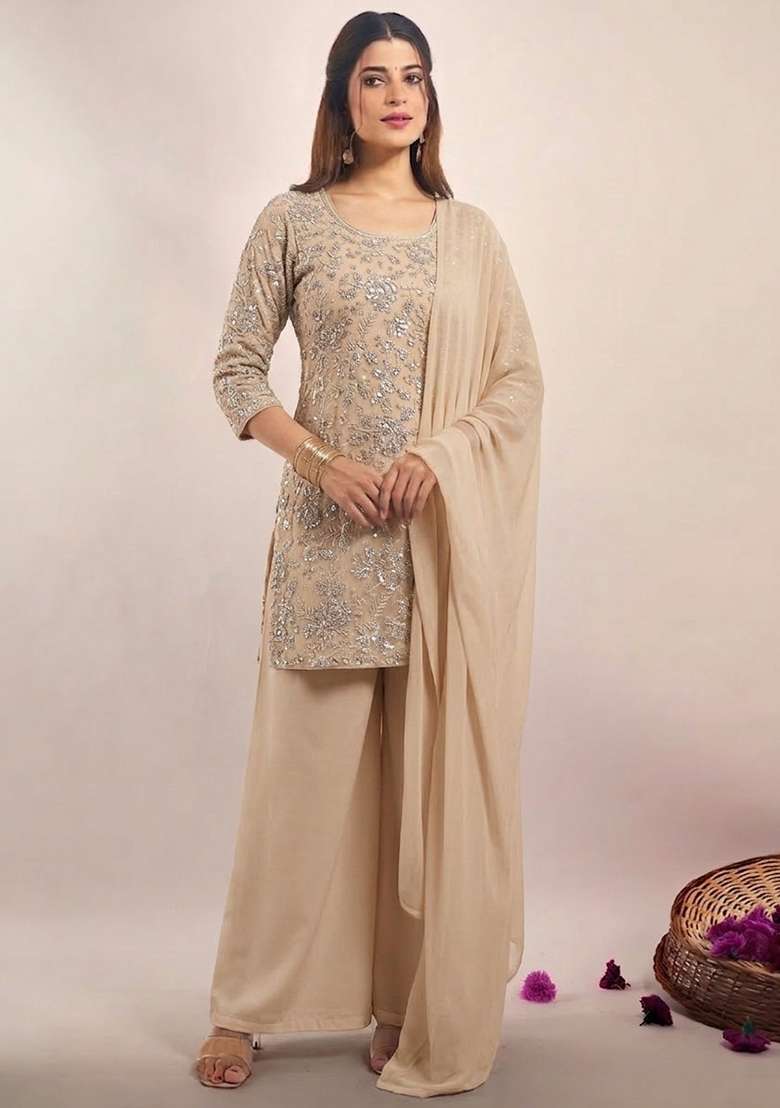 Beige Embroidered Tissue Sharara Set - Indya