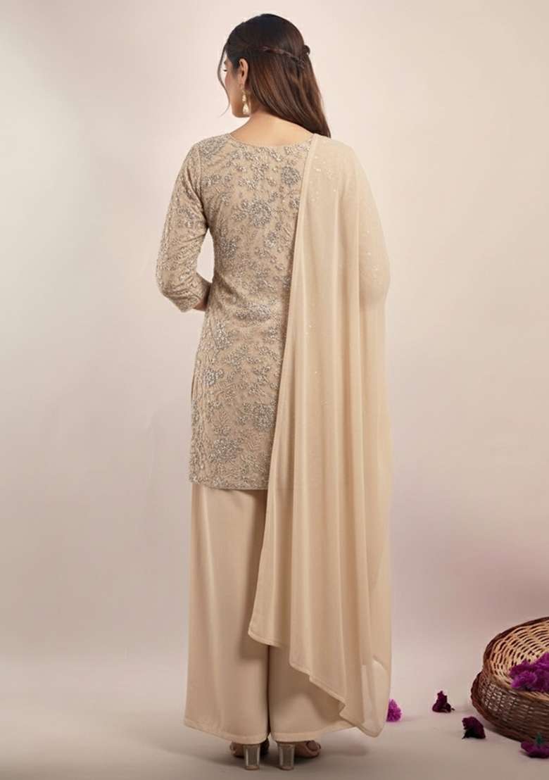 Beige Embroidered Tissue Sharara Set - Indya