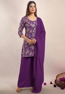 Purple Embroidered Tissue Sharara Set