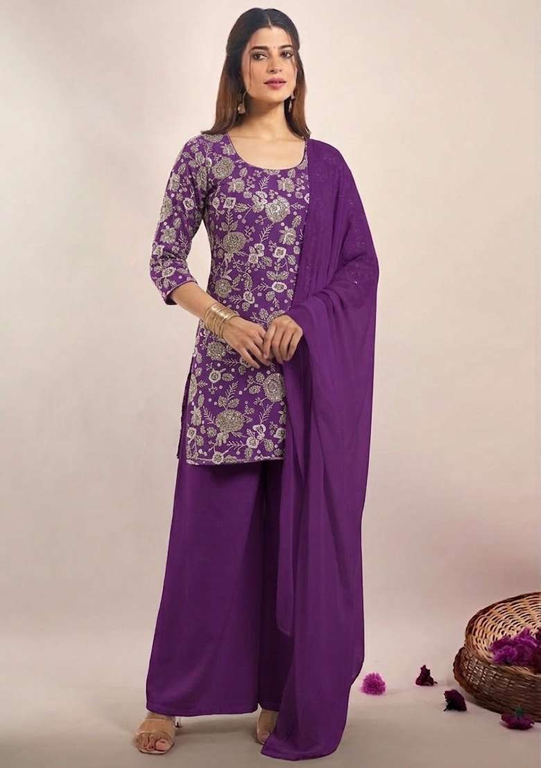 Purple Embroidered Tissue Sharara Set - Indya