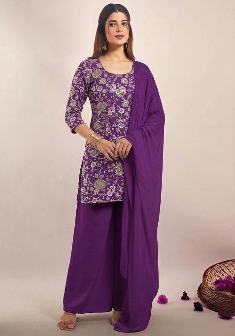 Purple Embroidered Tissue Sharara Set
