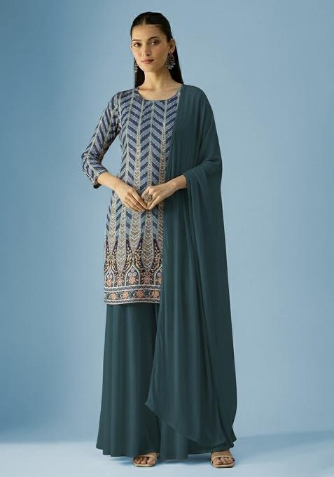 Teal Sequin Crepe Fusion Set