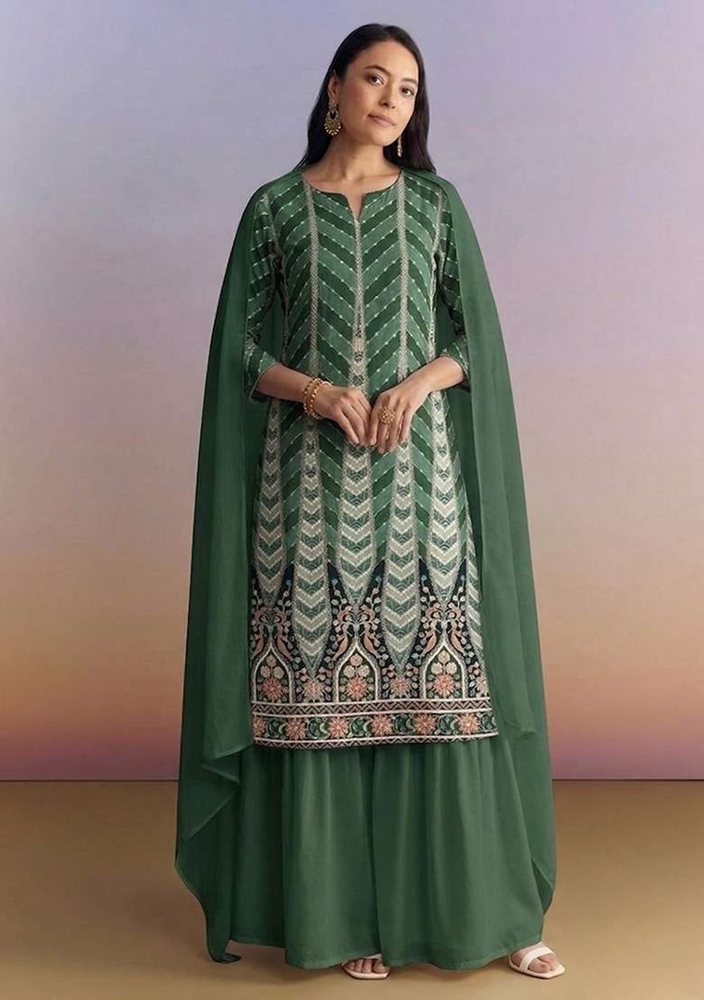 Bottle Green Printed Crepe Fusion Set - Indya