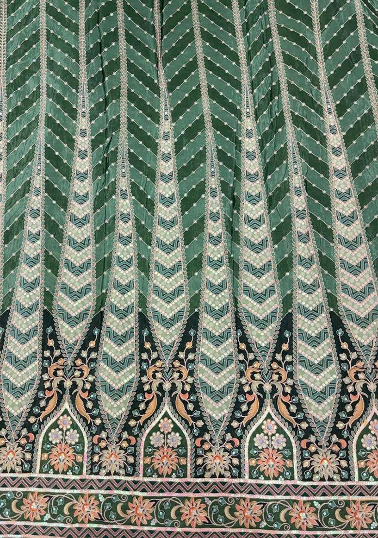 Bottle Green Printed Crepe Fusion Set - Indya