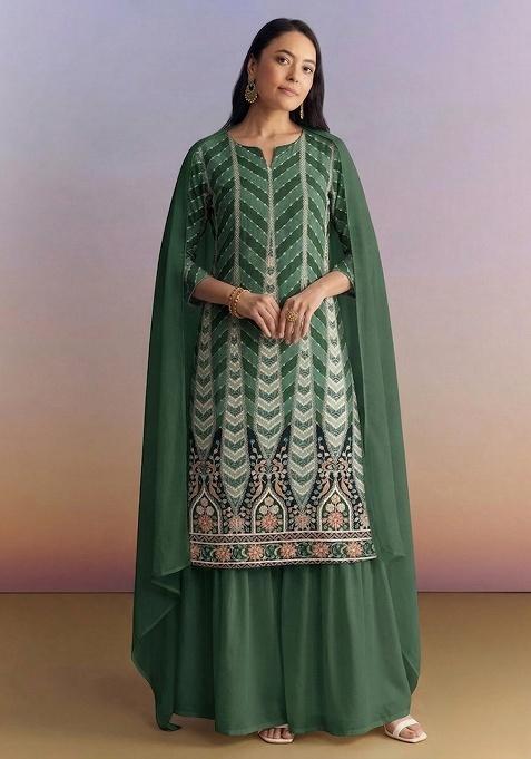 Bottle Green Printed Crepe Fusion Set