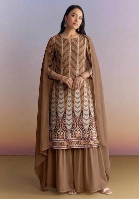 Brown Printed Crepe Fusion Set