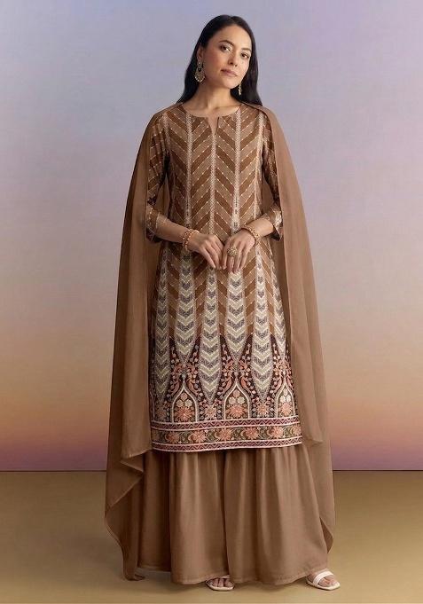 Brown Printed Crepe Fusion Set