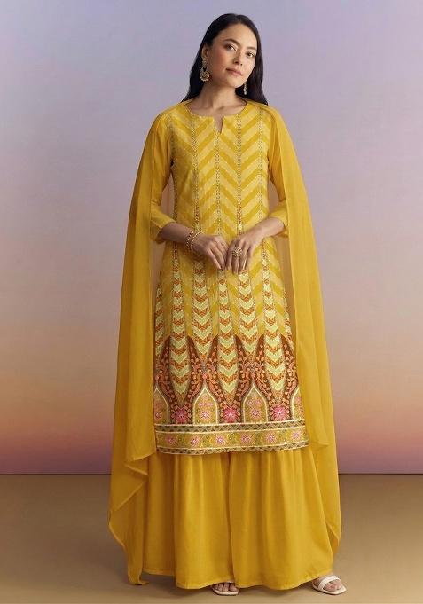 Yellow Printed Crepe Fusion Set