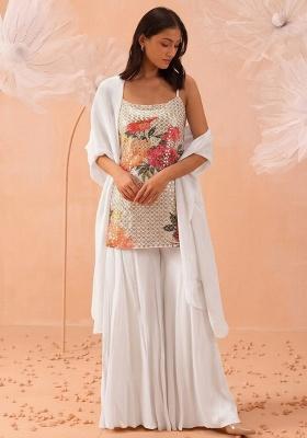 Off White Embroidered Crepe Sharara Set