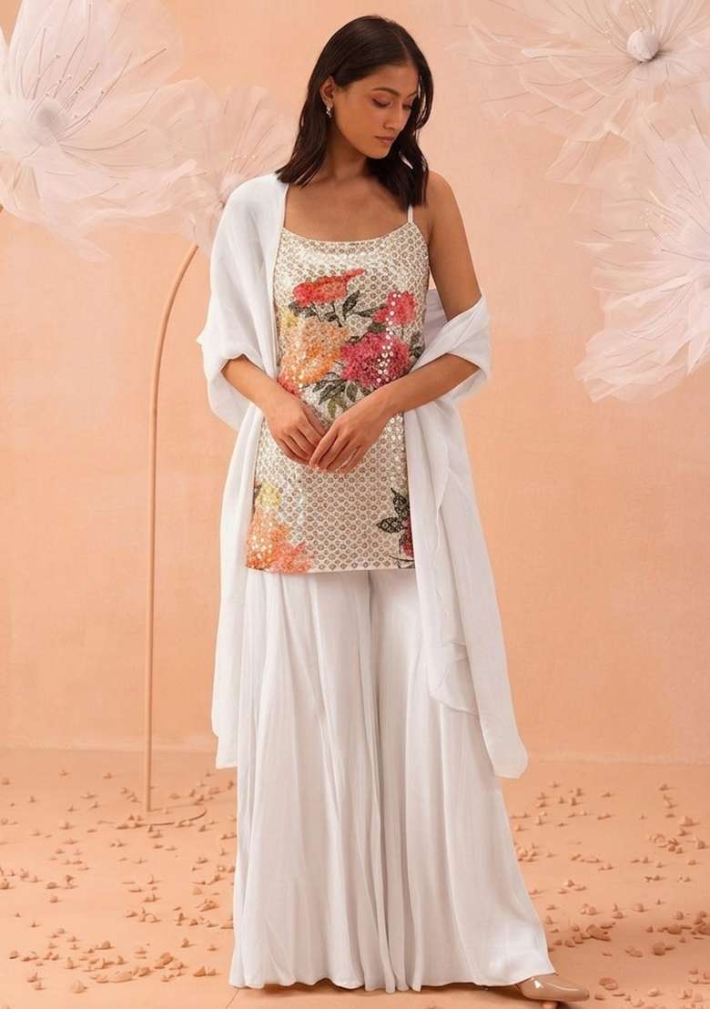 Off White Embroidered Crepe Sharara Set - Indya