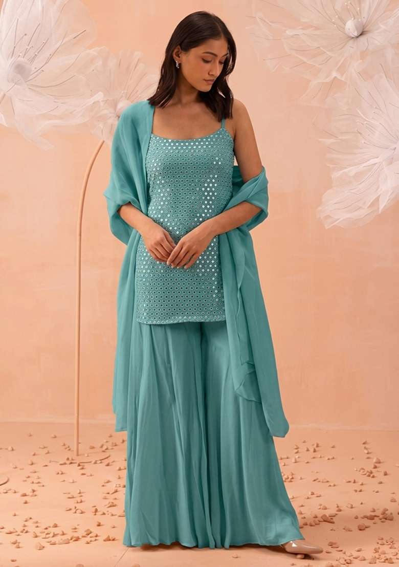 Pastel Blue Embroidered Crepe Sharara Set - Indya
