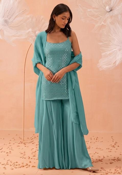 Pastel Blue Embroidered Crepe Sharara Set