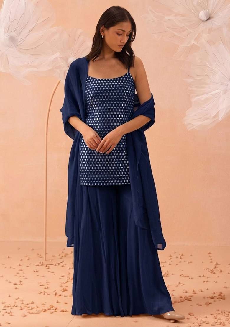 Navy Blue Embroidered Crepe Sharara Set - Indya