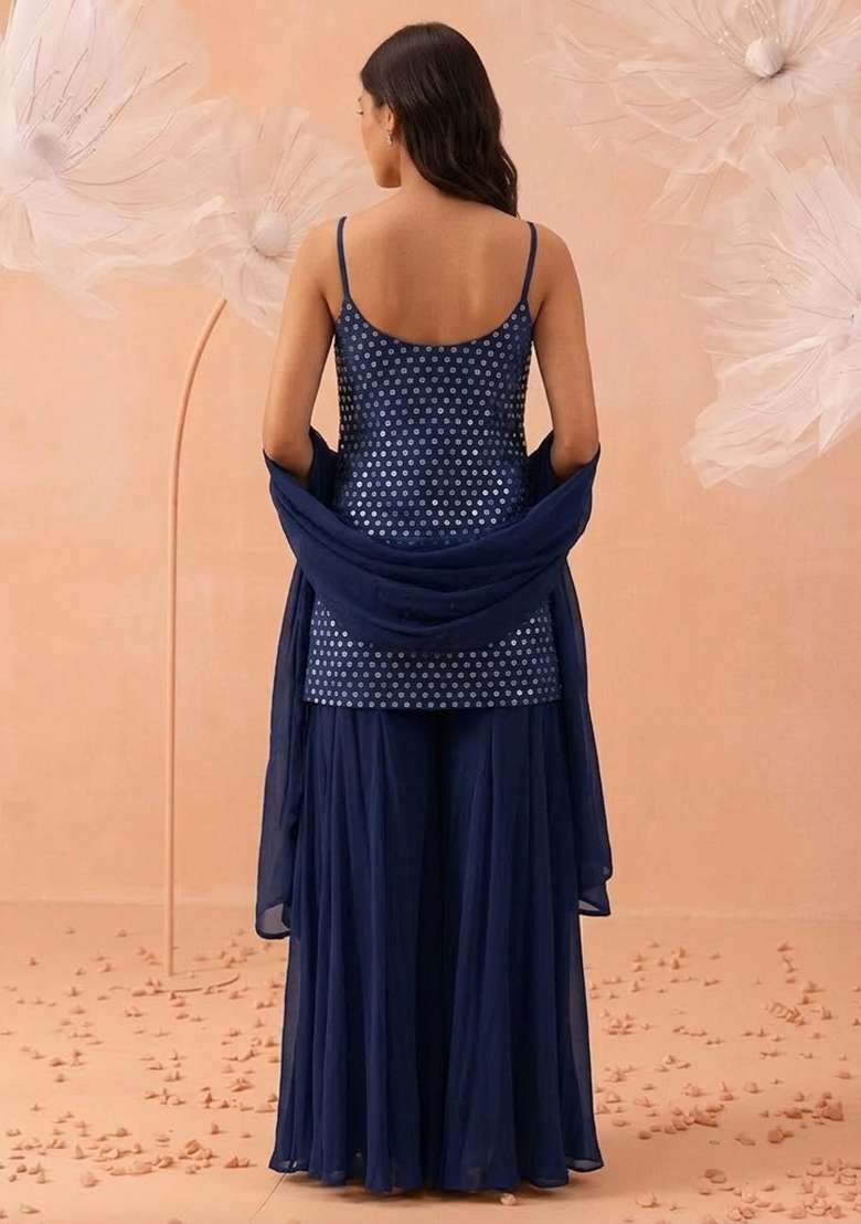 Navy Blue Embroidered Crepe Sharara Set - Indya