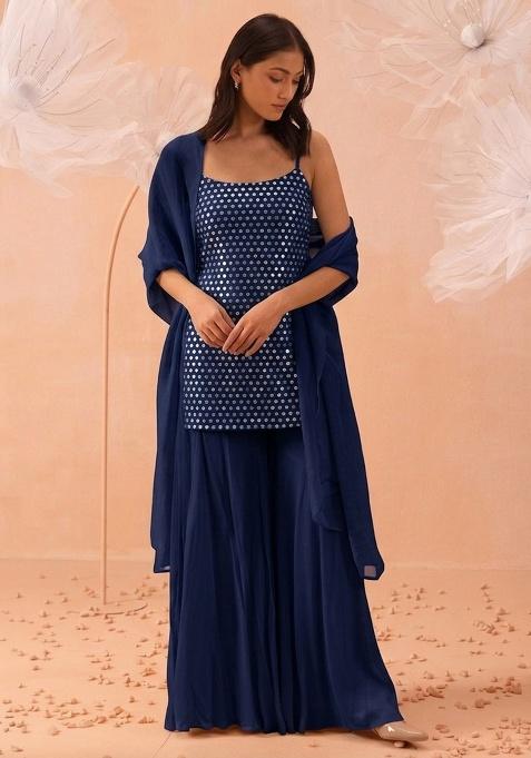 Navy Blue Embroidered Crepe Sharara Set