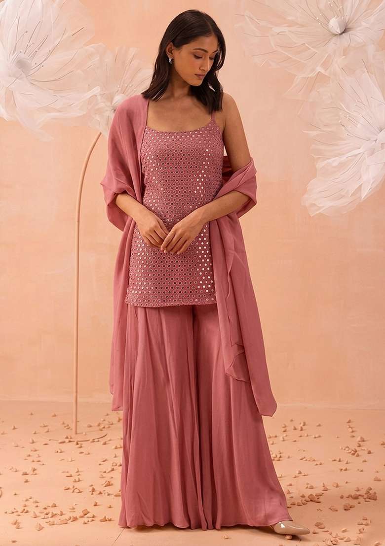 Pink Embroidered Crepe Sharara Set - Indya