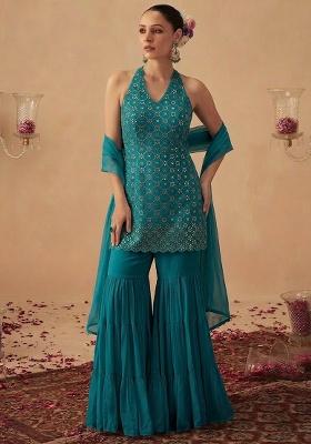 Teal Embroidered Georgette Fusion Set