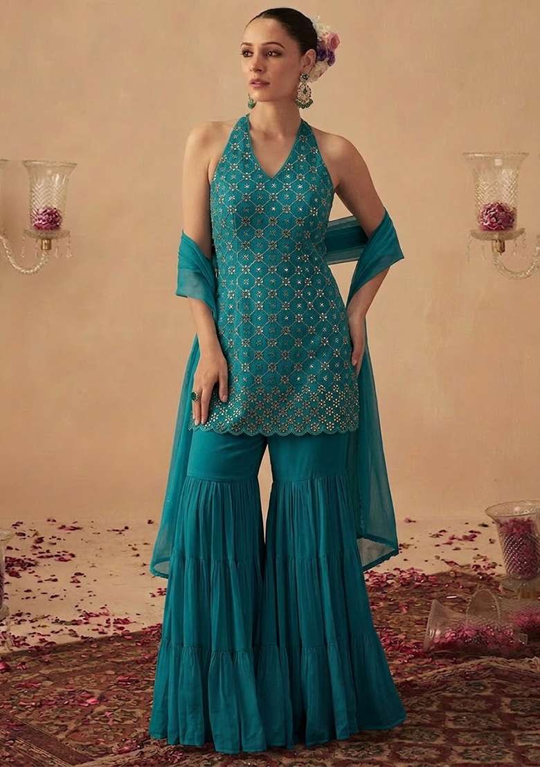 Teal Embroidered Georgette Fusion Set - Indya