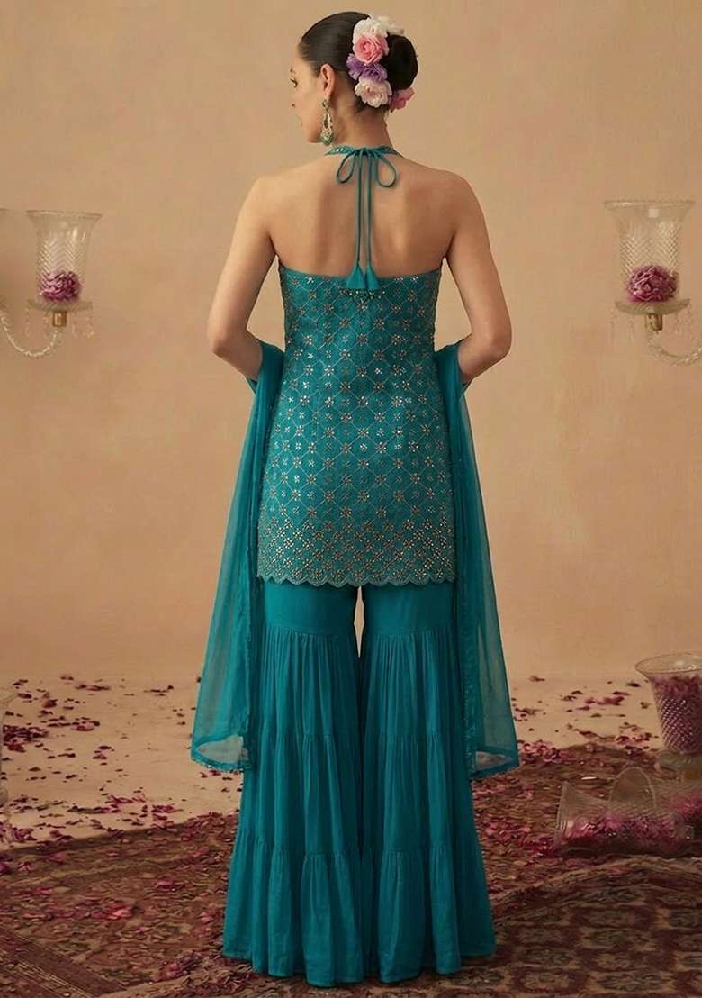 Teal Embroidered Georgette Fusion Set - Indya