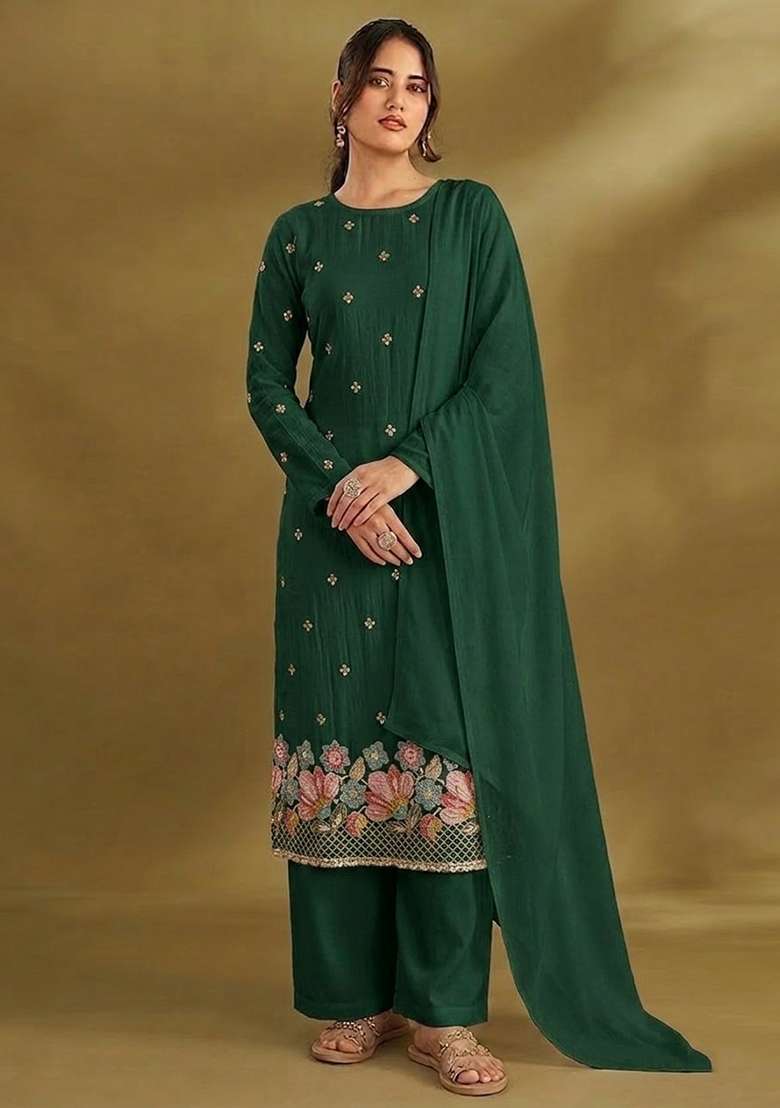 Bottle Green Embroidered Crepe Kurta Set - Indya