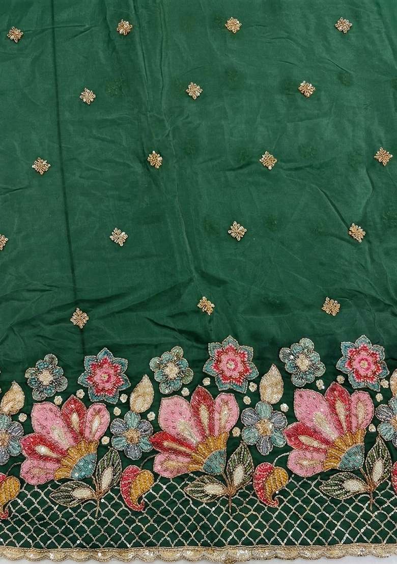 Bottle Green Embroidered Crepe Kurta Set - Indya