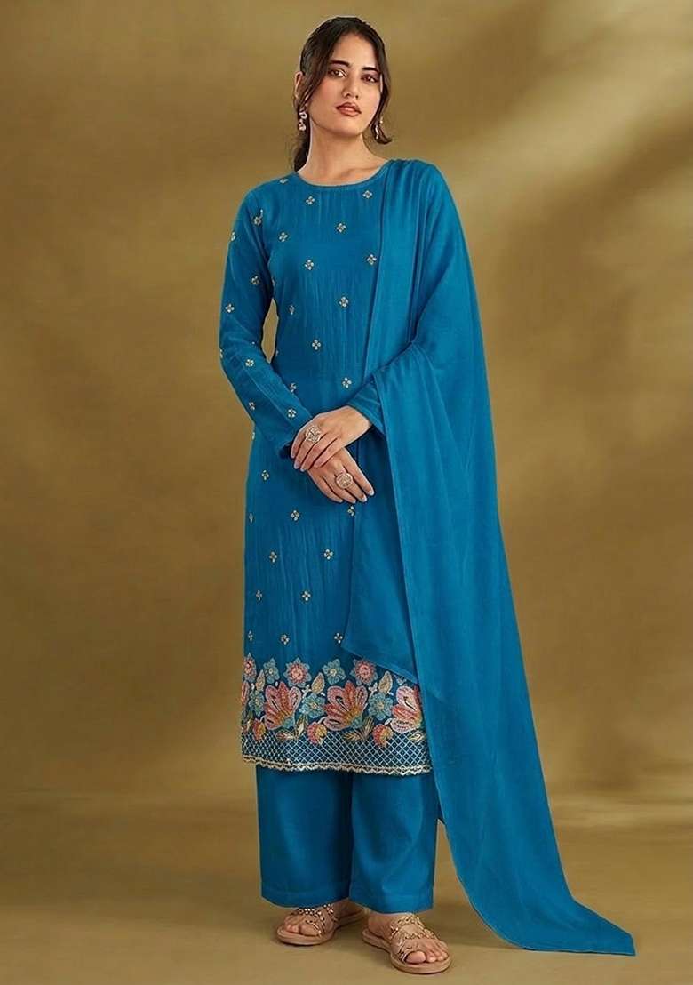 Ocean Blue Embroidered Crepe Kurta Set - Indya
