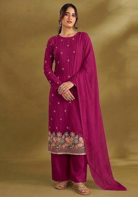 Magenta Embroidered Crepe Kurta Set